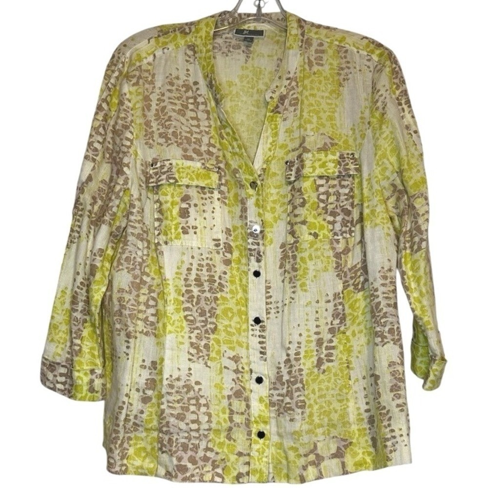 JM Collection Linen Blouse‎ Abstract Print Green Taupe Resortwear Breathable 12